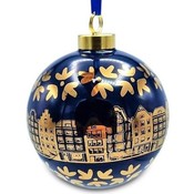 Heinen Delftware Christmas bauble deep cobalt-blue with gold decorated Christmas bauble - gable houses