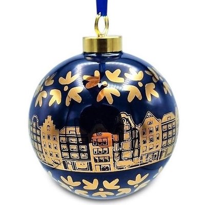 Heinen Delftware Weihnachtskugel tief kobaltblau mit goldverzierter Weihnachtskugel - Giebelhäuser