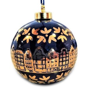 Heinen Delfts blauw Christmas bauble deep cobalt-blue with gold decorated Christmas bauble - gable houses