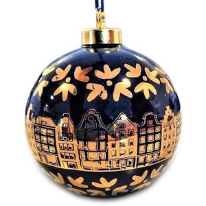 Heinen Delftware Christmas bauble deep cobalt-blue with gold decorated Christmas bauble - gable houses