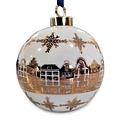 Heinen Delftware Grote witte  kerstbal - 8 cm met goud gedecoreerde huisjes