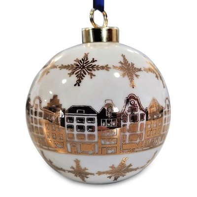 Heinen Delftware Große weiße Weihnachtskugel - 8 cm mit goldverzierten Häusern