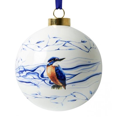 Heinen Delfts blauw Large white Christmas bauble - 8 cm with Kingfisher