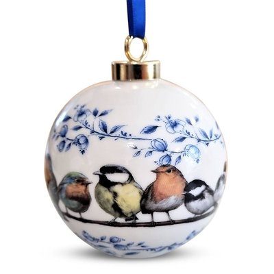 Heinen Delftware Large white Christmas ball - 8 cm with Forest birds