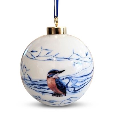 Heinen Delftware Große weiße Weihnachtskugel - 8 cm mit Eisvogel