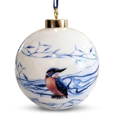 Heinen Delfts blauw Large white Christmas ball - 8 cm with Kingfisher