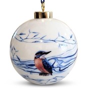 Heinen Delfts blauw Large white Christmas ball - 8 cm with Kingfisher