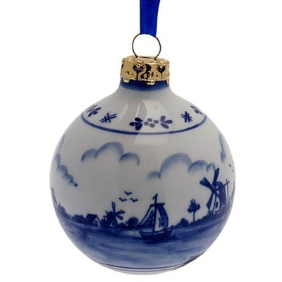 Heinen Delftware Delfts blauwe kerstbal - Nederlands molenlandschap