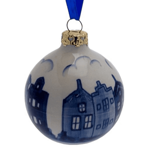 Heinen Delfts blauw Delfts blauwe kerstbal -Gevelhuisjes