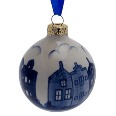 Heinen Delfts blauw Delfts blauwe kerstbal -Gevelhuisjes