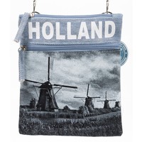 Robin Ruth Denim Neck Bag - Passport Bag - Holland windmills