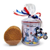 typisch-hollands-geschenkpakket Stroopwafels in einer original holländischen, verzierten Dose – mit Schlüsselanhänger