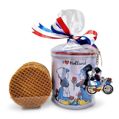 typisch-hollands-geschenkpakket Stroopwafels in einer original holländischen, verzierten Dose – mit Schlüsselanhänger