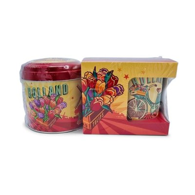 Typisch Hollands Cadeauset Mok en Blik Stroopwafels - (Tulpen Molen en Fiets)