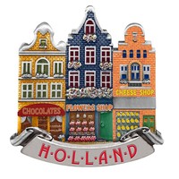 Typisch Hollands Magnet 3 houses chocolates shop-flowershop-cheeseshop Holland