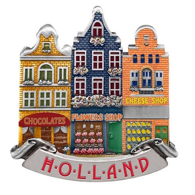 Typisch Hollands Magneet 3 huisjes chocolates shop-flowershop-cheeseshop Holland