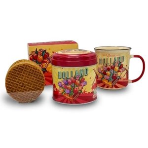 Typisch Hollands Geschenkset Mug and Tin Stroopwafels - (Tulips Mill and Bicycle)