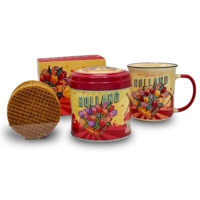 Typisch Hollands Gift set Mug and Tin Stroopwafels - (Tulips Mill and Bicycle)