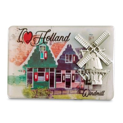 Typisch Hollands Magnet I Love Holland - Windmühlenapplikation (silberfarben)
