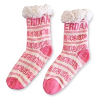 TTD Gifts Fleece Comfortsokken - Gevelhuisjes - Wit-Roze