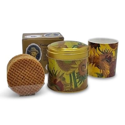 Typisch Hollands Geschenkset Van Gogh Becher und Stroopwafels aus der Dose - Sonnenblumen