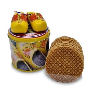www.typisch-hollands-geschenkpakket.nl Stroopwafels cadeauset - met Houten klompjes Geel