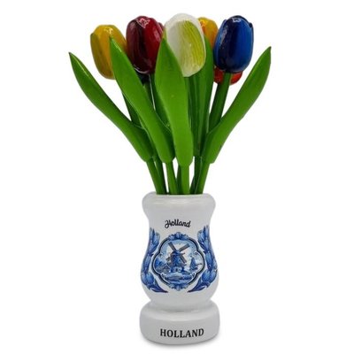 Typisch Hollands 9 kleine houten tulpen in houten Delfts blauwe vaas