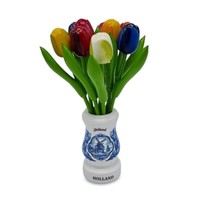 Typisch Hollands 9 small wooden tulips in a wooden Delft blue vase