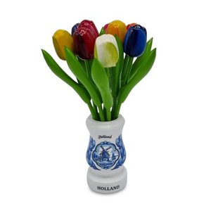 Nijhuis  9 kleine houten tulpen in houten Delfts blauwe vaas