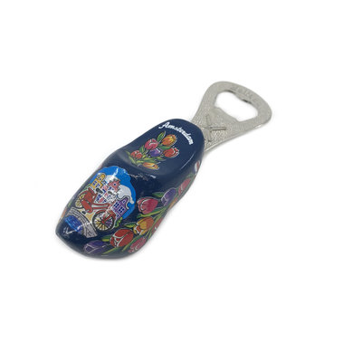 Typisch Hollands Flesopener klomp 8 cm - Blauw - Fiets -Gevelhuisjes