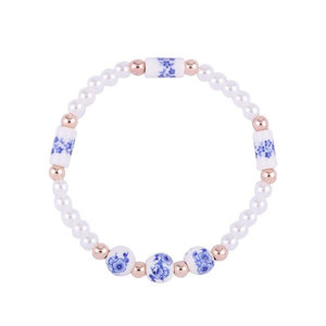 Heinen Delfts blauw Bracelet flowers and white pearls