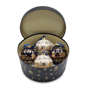 Typisch Hollands Grote kerstballen 8 cm gouden huisjes decoratie Wit en Diepblauw