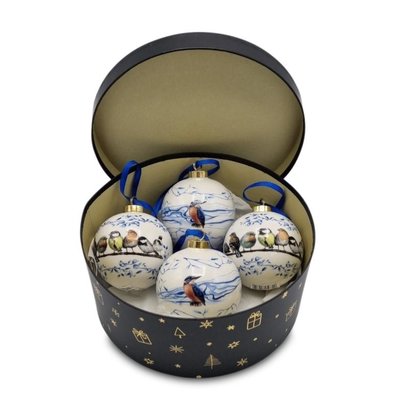 Typisch Hollands Large white Christmas balls in gift box - 8 cm with Forest and Kingfishers