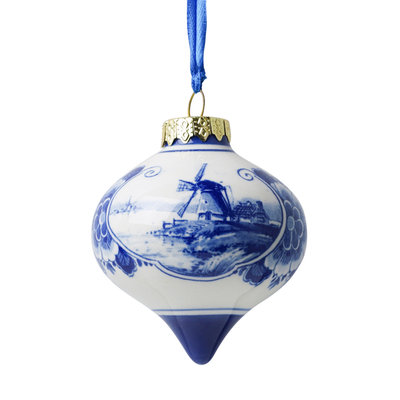Heinen Delfts blauw Kerstbal Nederlands molenlandschap. (druppel)