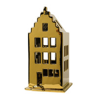 Heinen Delftware Teelichthalter Haus Treppengiebel gold -17 cm - (mit GRATIS Wachsfiguren)