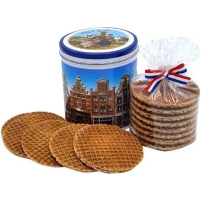 Typisch Hollands Stroopwafels in  full color-blik Amsterdam gevelhuisjes