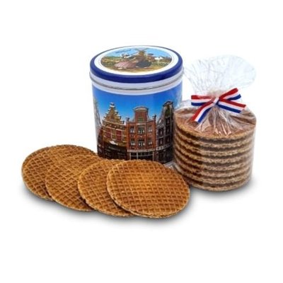 Typisch Hollands Stroopwafels in vollfarbigen Zinnfassadenhäusern in Amsterdam