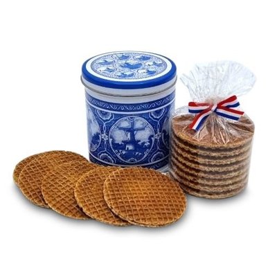 Typisch Hollands Stroopwafels in Delfter Blau Zinn Mühlenapplikationen