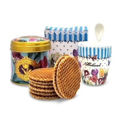 Typisch Hollands Geschenkset Becher und Dose Stroopwafels – Frühlingstulpen