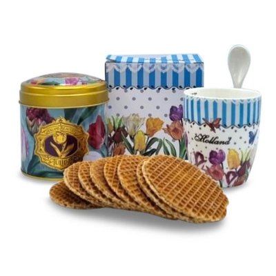 Typisch Hollands Geschenkset Becher und Dose Stroopwafels – Frühlingstulpen