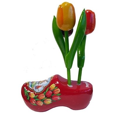 Typisch Hollands Souvenir Clog mit 3 Tulpen - Rot 12 cm