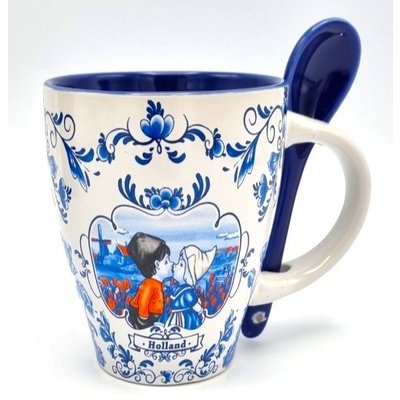 Typisch Hollands Mok met lepel - Holland Rood-Wit - Kuspaar - Blauw