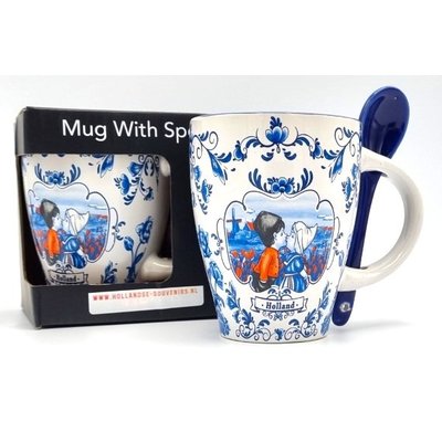 Typisch Hollands Mok met lepel - Holland Rood-Wit - Kuspaar - Blauw