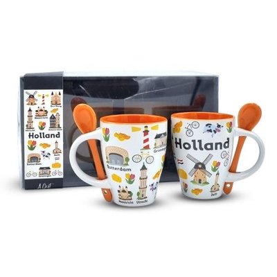 Typisch Hollands Geschenkbox Tassen mit Löffel - Icons Holland (und Großstädte)