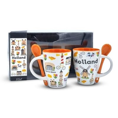 Typisch Hollands Gift box Mugs with spoon - Icons Holland (and major cities)