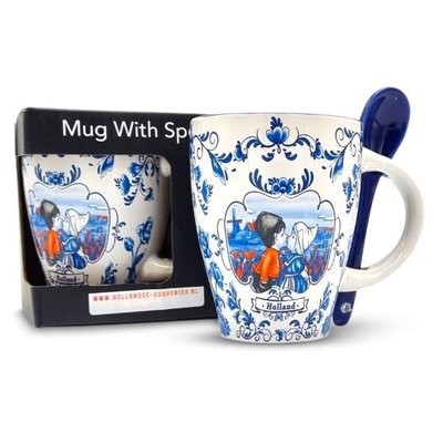 Typisch Hollands Mug with spoon - Holland Red-White - Kiss couple - Blue