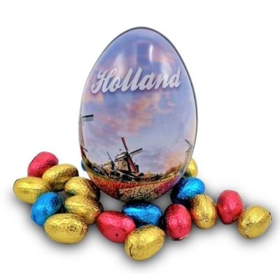 Typisch Hollands Easter egg (tin) tied with a bow and filled with chocolate eggs