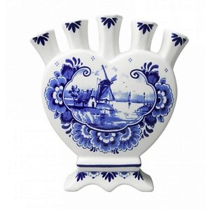 Heinen Delfts blauw Tulip vase heart-shaped landscape and flower motif