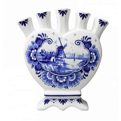Heinen Delfts blauw Tulip vase heart-shaped landscape and flower motif