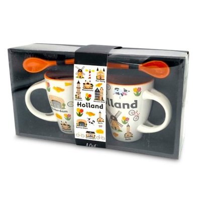 Typisch Hollands Gift box 2 Mugs of major cities and a bottle of apple pie liqueur